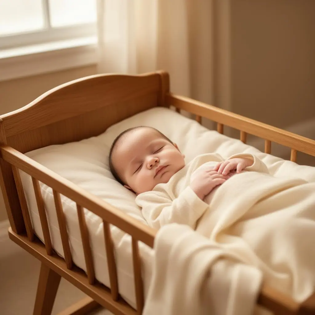 Baby sleeping peacefully in a wooden cradle