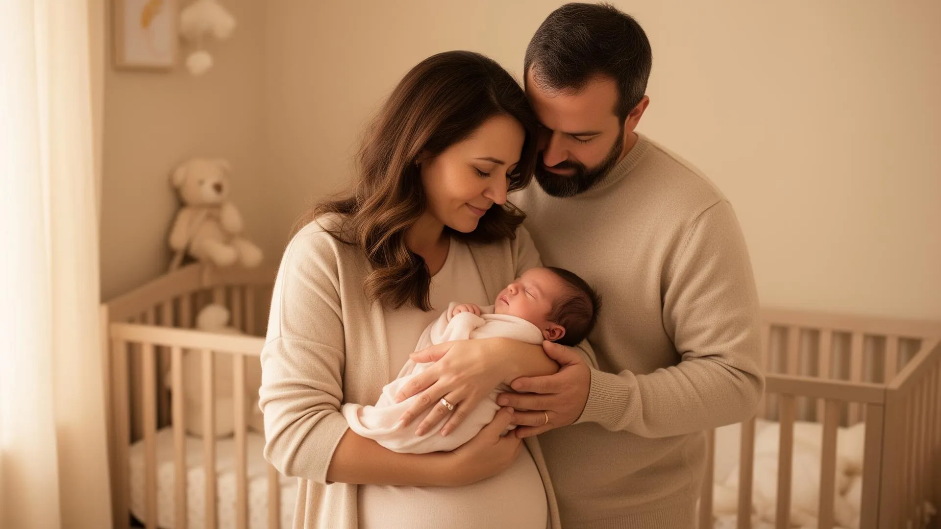 Parents holding their newborn baby in a warm nursery